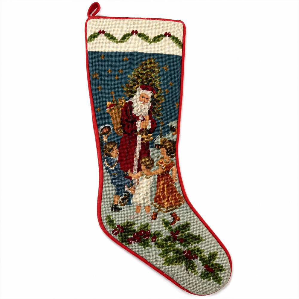 Vintage Needlepoint Christmas Stocking Santa Children Holly Velvet Back 20"